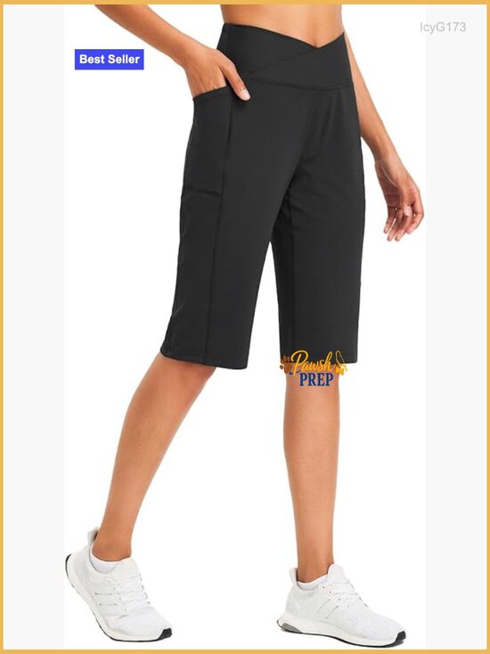 Pants - High Waisted Athletic Bermuda Shorts 14" Knee Length with Pockets Stretch